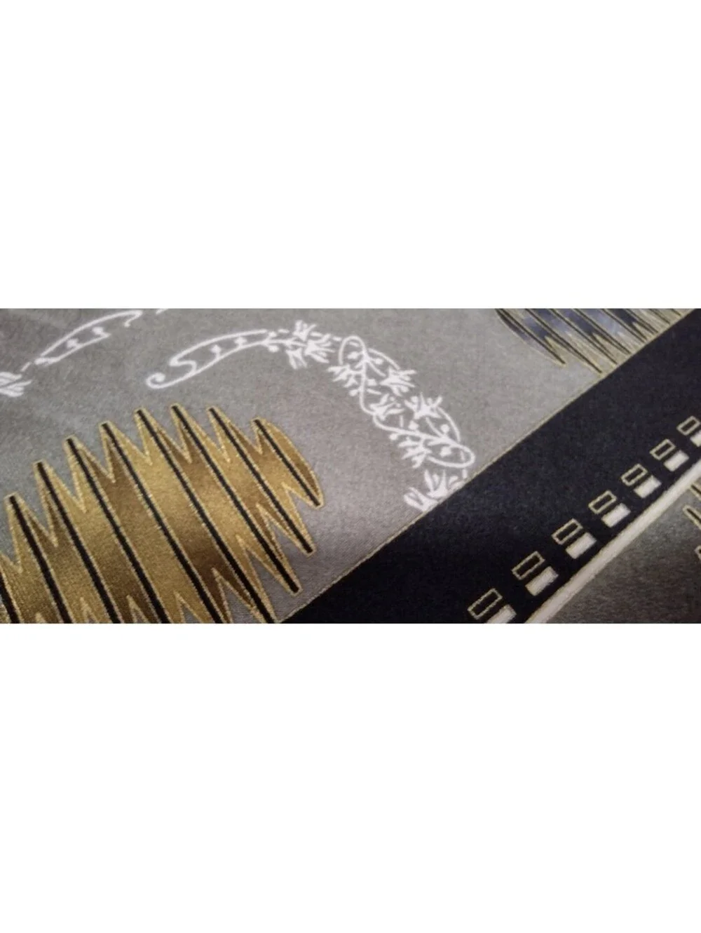 Vintage Fine Silk Hankie Art Deco Design Black Gray Gold Accents 1980s Menswear